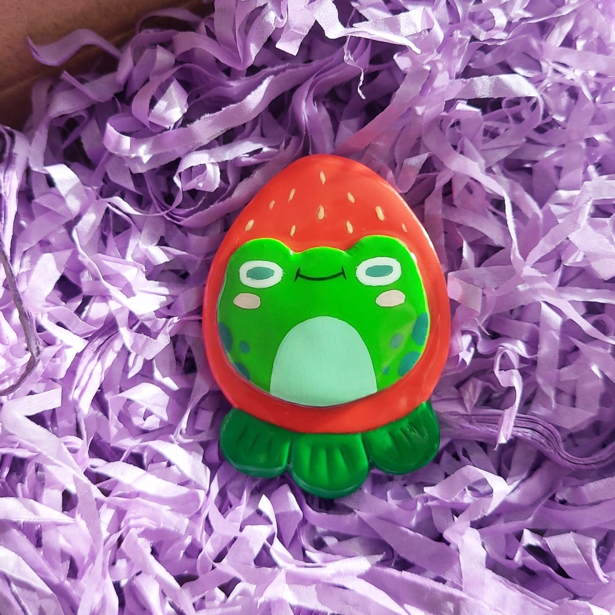 Handmade Clay Magnet - Strawberry Hat Tito the Frog - Paperfrog -