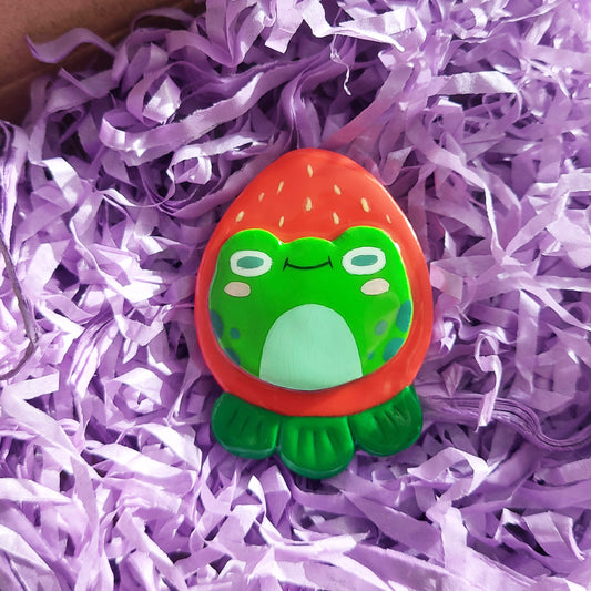 Handmade Clay Magnet- Strawberry Hat Tito the Frog