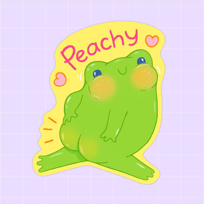 glossy sticker, butt sticker, cheeky frog, peachy, vinyl stickers for sale, stationery shop, cozy art, frog art, stickers for planner